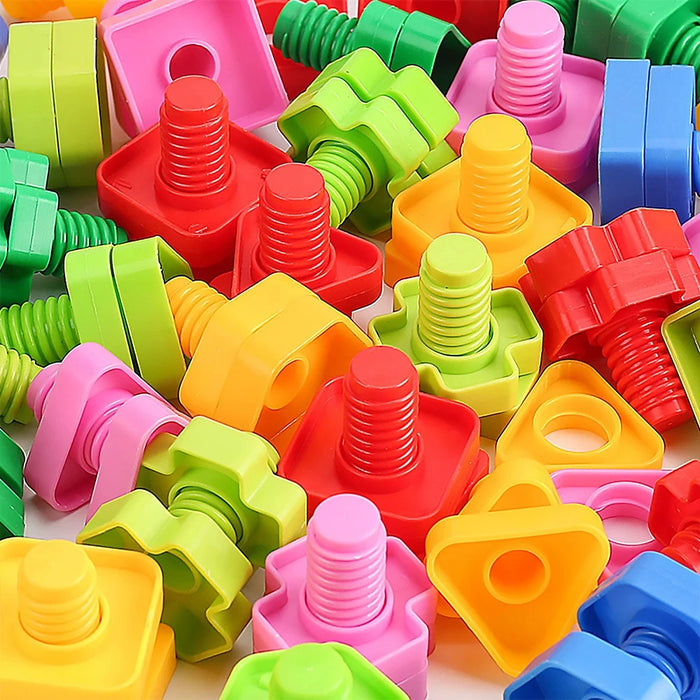 Close-up of colourful jumbo plastic bolts and nuts