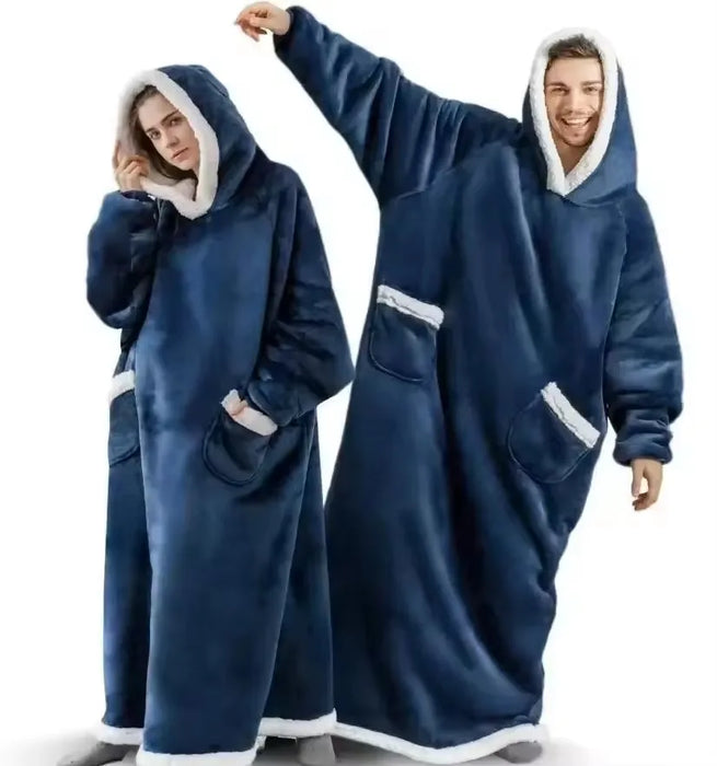 Woman and man in navy blue long blanket hoodies