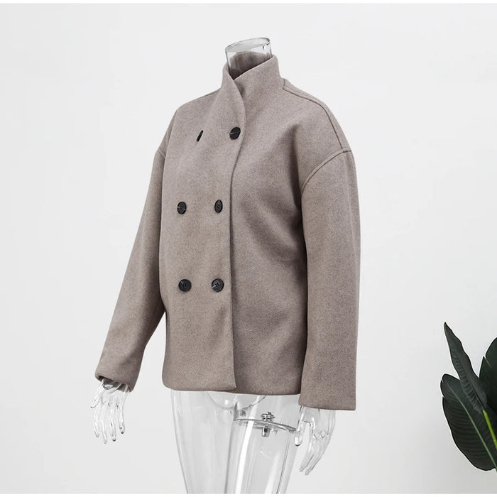 Retro Loose Casual Woolen Coats Double Breasted Stand Collar Short Jacket