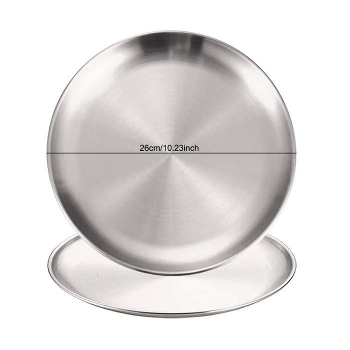 2Pcs Stainless Steels Round Silver Shallow Tray Plate Rust-Proof 14/17/20/23/26/30cm Camping Plate BBQ Picnic Dishes Cookware