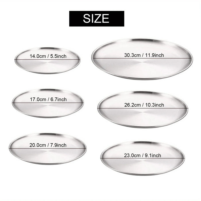 2Pcs Stainless Steels Round Silver Shallow Tray Plate Rust-Proof 14/17/20/23/26/30cm Camping Plate BBQ Picnic Dishes Cookware