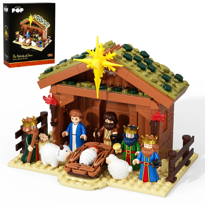 Christmas nativity scene building block set with stable, figures and star, beside its box