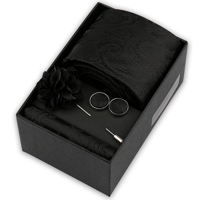 Men's tie gift set, style BBJ-08: tie, pocket square, cufflinks and pins in a gift box