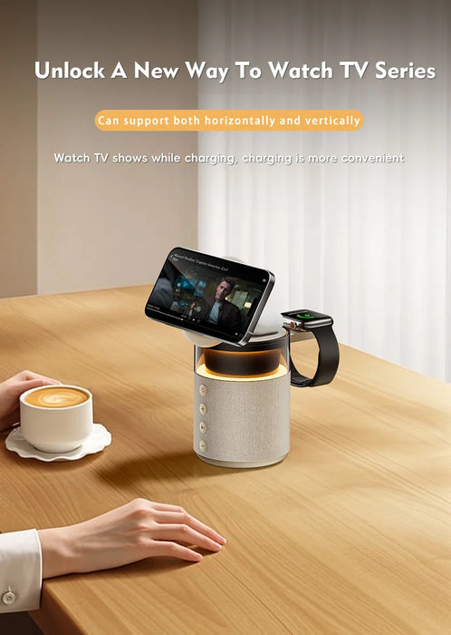 5-in-1 Magnetic Wireless Charging Station with Wireless Speaker & Night Light, Fast Charger for iPhone iWatch AirPods Series