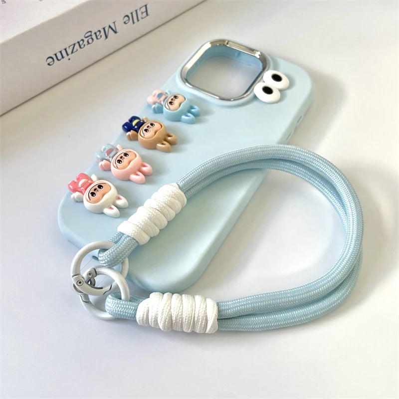 3D labubu Cartoon Phone Case For iPhone 16 15 14 13  Plus Pro Max With Wrist Strap Cute Eyes Soft Cover