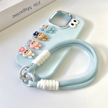 3D labubu Cartoon Phone Case For iPhone 16 15 14 13  Plus Pro Max With Wrist Strap Cute Eyes Soft Cover
