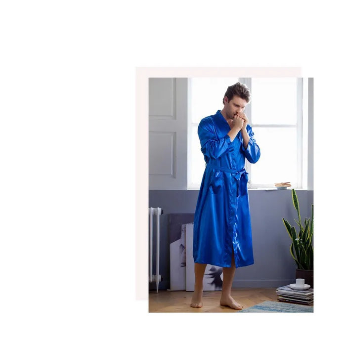 Summer New Men's Ice Silk Bathrobe Robe Men's Pop-Up Section of the Long Section of Cardigan Robe Pajamas Pajamas Home Clothing