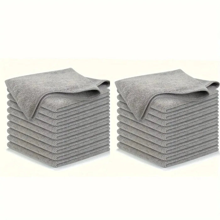 Two stacks of grey microfibre cleaning cloths, 10 pack