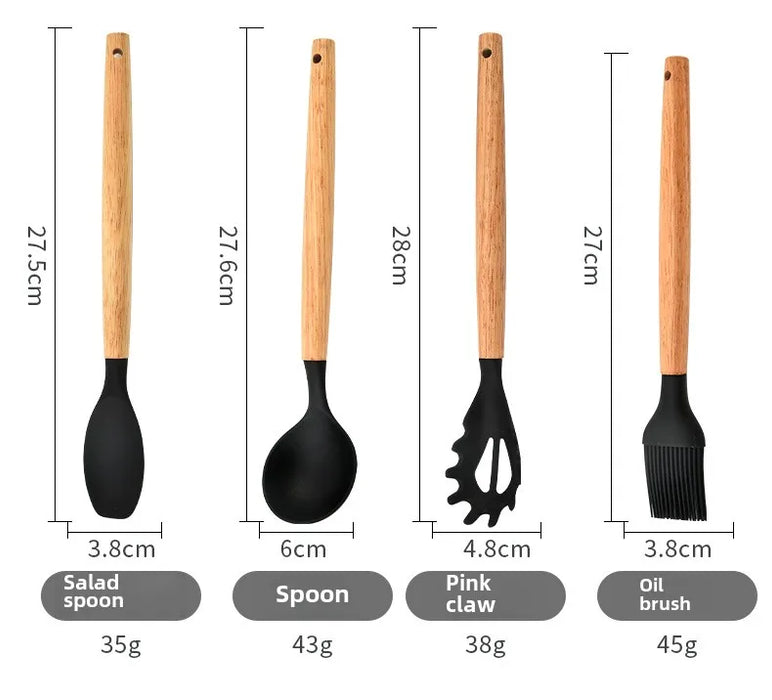 High Temperature Resistant Silicone Kitchenware with Wooden Handle12Set of Cooking Ladel Cream Scraper Tongs Egg Beater