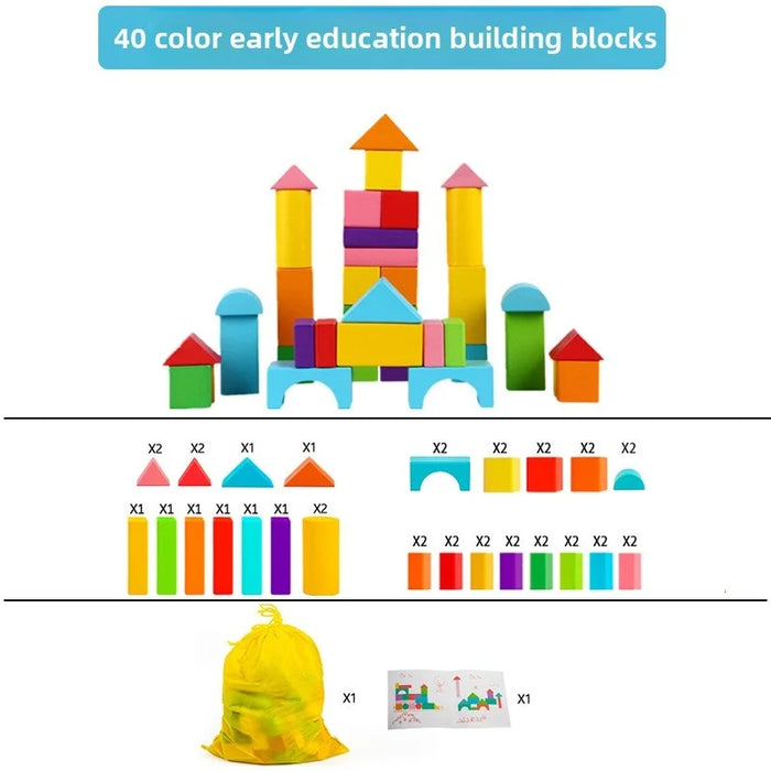 40-piece wooden building block set with piece list and mesh bag