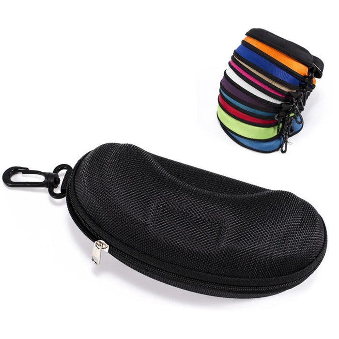 Black sunglasses case with clip, with a stack of colours behind