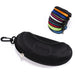 Black sunglasses case with clip, with a stack of colours behind
