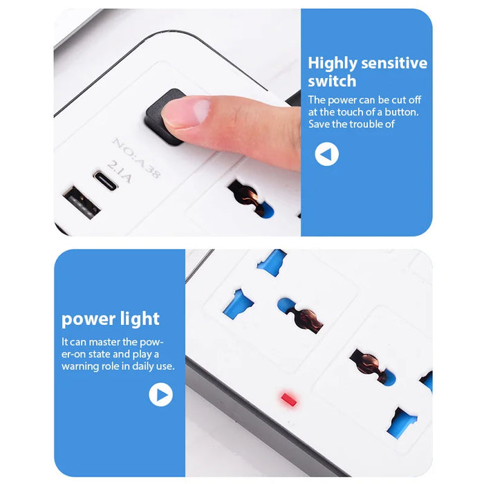 Power Multi Tap Universal Plug EU US UK Outlet Power Strip with 2m Extension Cord AC Type C USB Port Charge Electrical Socket