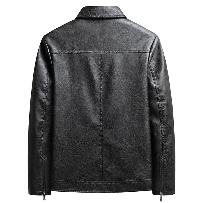 Black faux leather jacket, back view