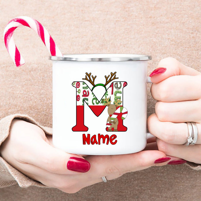Personlized Reindeer Initial with Name Enamel Cups Christmas Hot Chocolate Mug