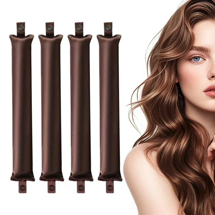 Four coffee-brown satin curling rods beside a woman with wavy hair