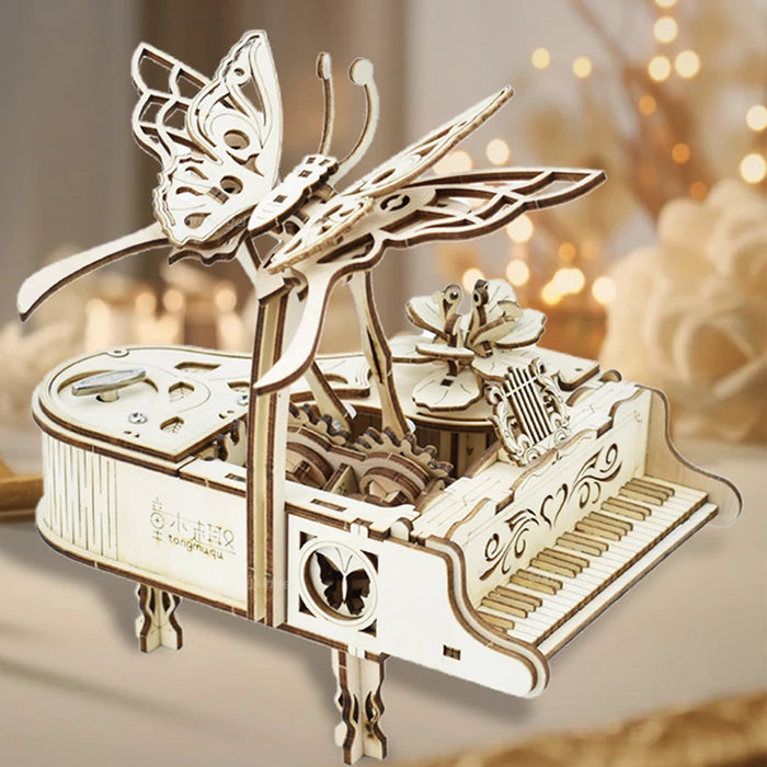 Wooden piano music box model with butterfly wings raised