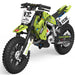 Green dirt bike building block model, front three-quarter view