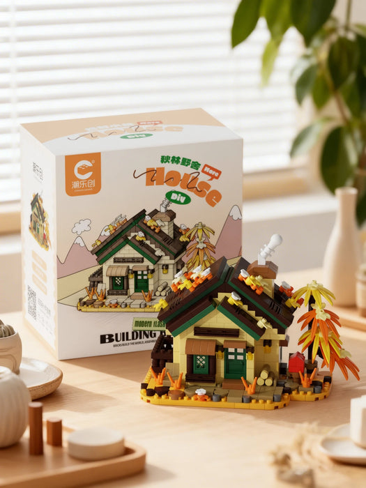 Autumn cabin building block set in front of its box