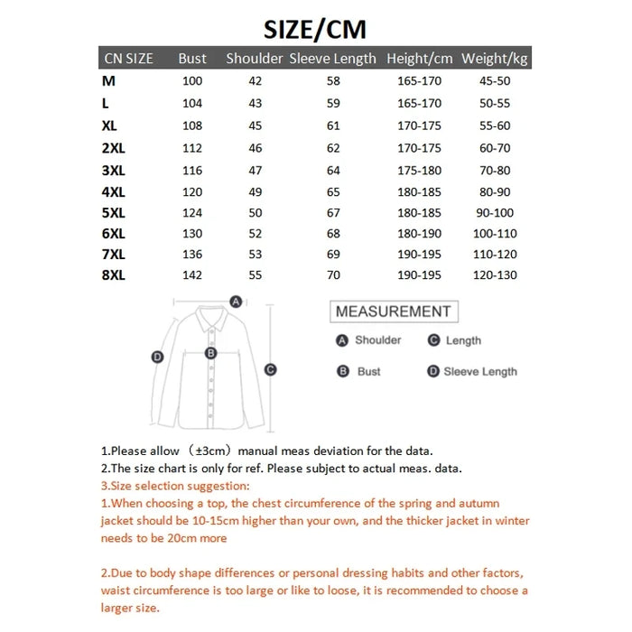 Jacket size chart in cm: chest, shoulder, sleeve, height and weight