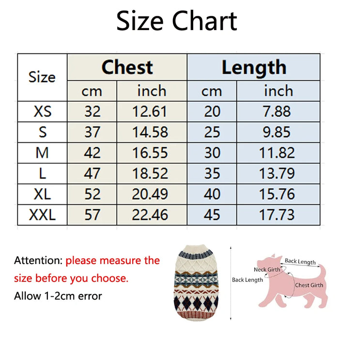 Dog sweater size chart: chest and length for XS to XXL