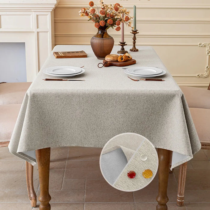 Off-white linen-look tablecloth on a dining table