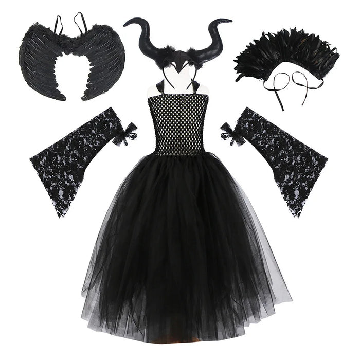 2026 New Halloween Costume Tulle Dress for Girls Cosplay Evil Queen Black Mesh Princess Dress Kids Clothes
