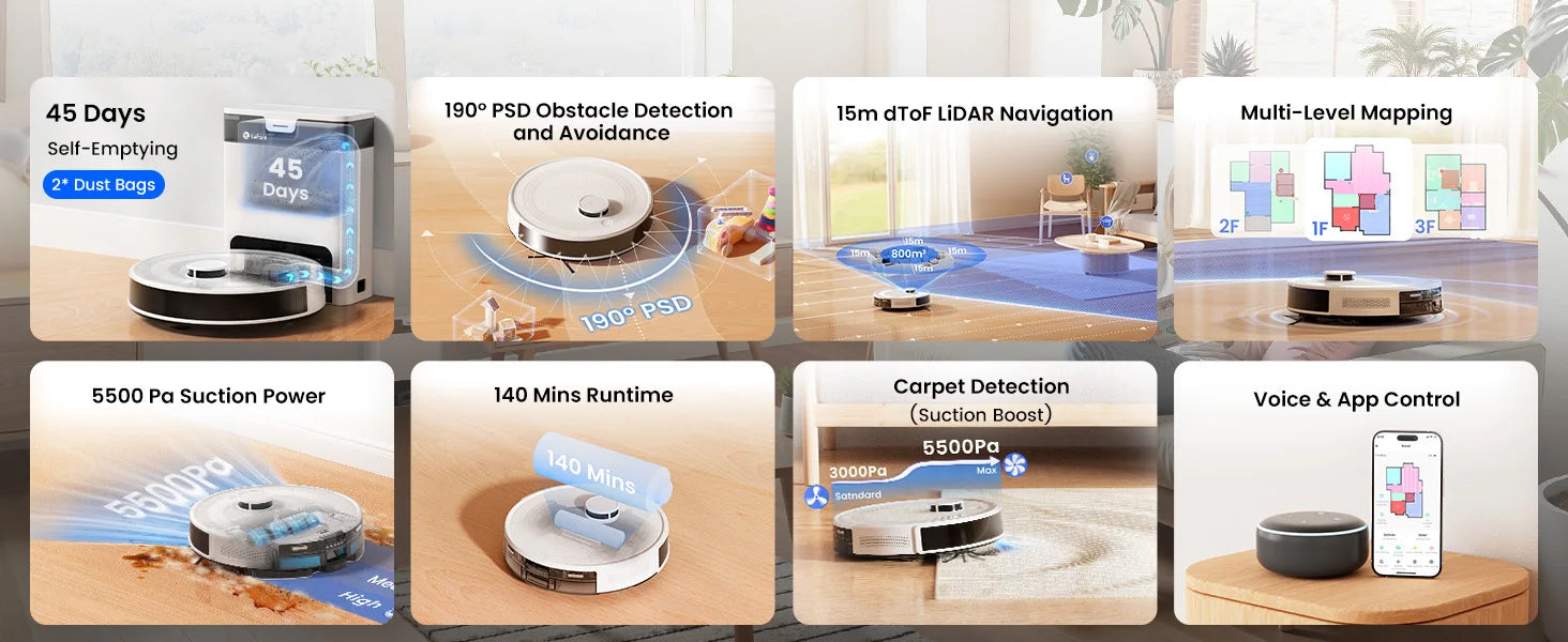 Lefant M2Pro Robot Vacuum with Mop,Self-Emptying, 5500Pa , DTOF Laser Navigation, PSD Obstacle Avoidance, Wi-fi/Alexa Control