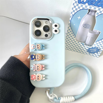 3D labubu Cartoon Phone Case For iPhone 16 15 14 13  Plus Pro Max With Wrist Strap Cute Eyes Soft Cover
