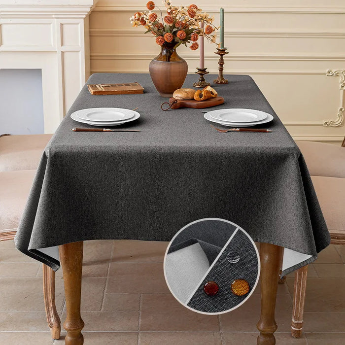 Dark grey linen-look tablecloth on a dining table