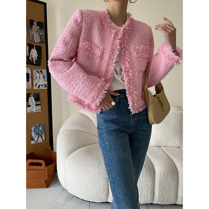 Pink Fringe Fur Shoulder Pad Tweed Jacket Blazer Boucle Crop Coat