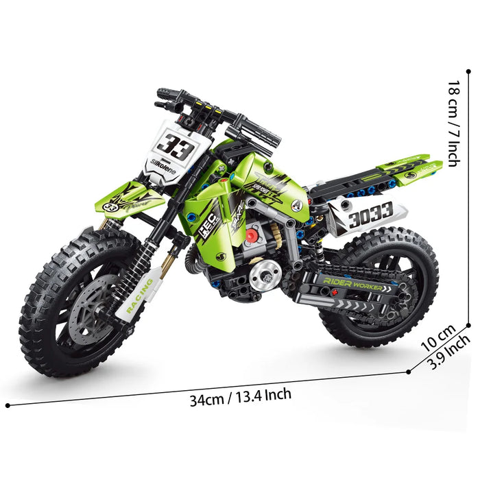Green dirt bike building block model, 34 x 10 x 18 cm