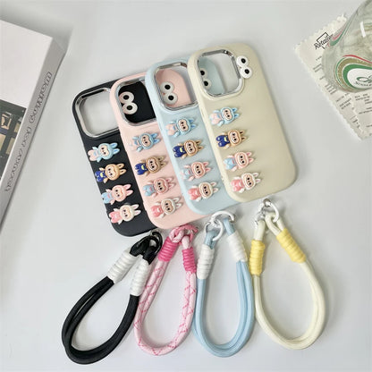 3D labubu Cartoon Phone Case For iPhone 16 15 14 13  Plus Pro Max With Wrist Strap Cute Eyes Soft Cover