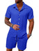 Man in a royal blue short sleeve shirt and shorts set