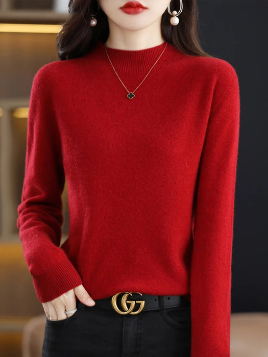 Fashion 100% Wool Sweater Women's Mock-Neck Knitwear Cashmere Pullovers Autumn Winter Long Sleeve Jumpers Clothing Tops