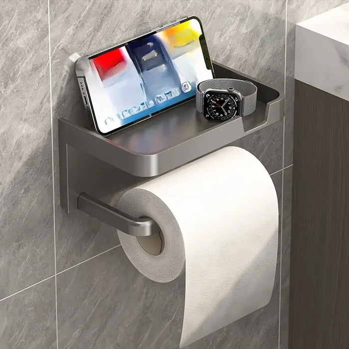 1 Pack Wall-Mounted No-Drill Toilet Paper Holder with Shelf and Phone Holder, Polypropylene Material, Bathroom Tissue Roll Dispe
