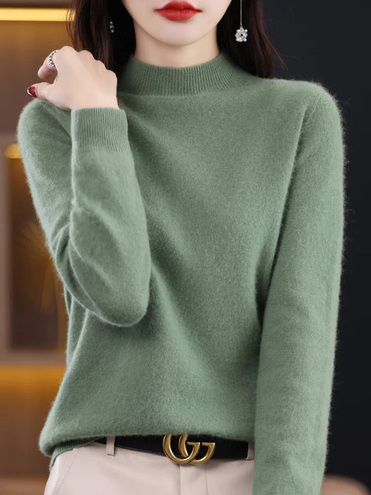 Fashion 100% Wool Sweater Women's Mock-Neck Knitwear Cashmere Pullovers Autumn Winter Long Sleeve Jumpers Clothing Tops