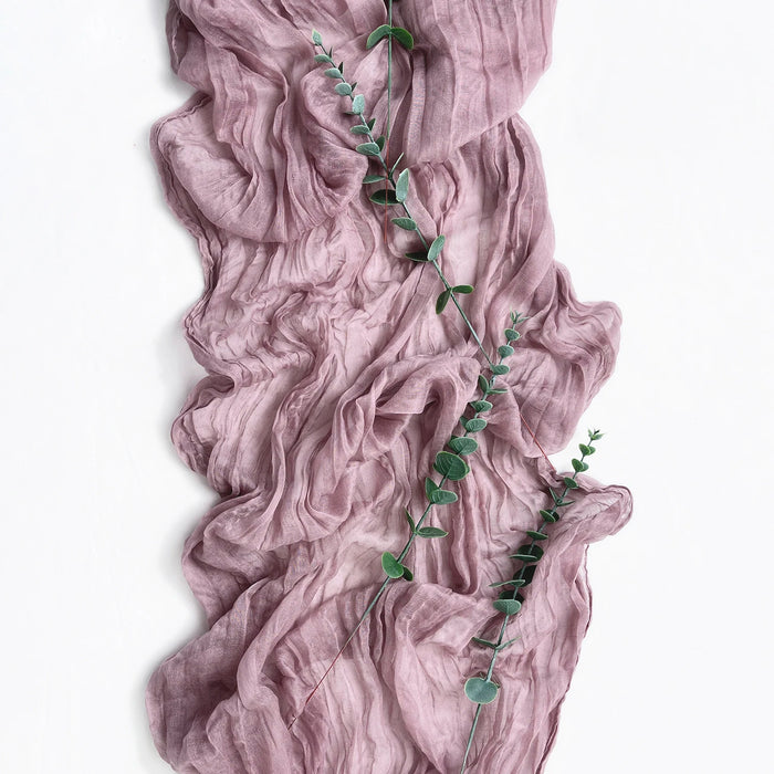 Mauve gauze table runner with eucalyptus