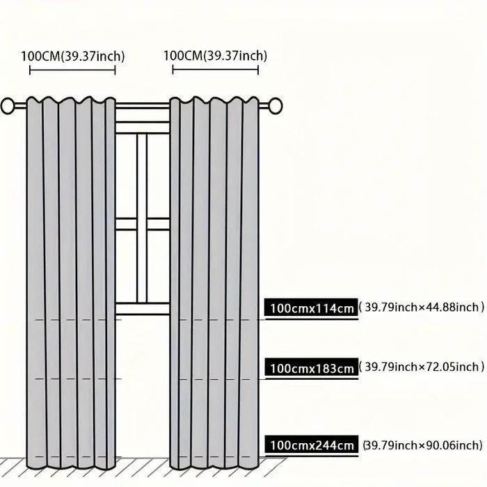 Curtain size diagram: 100 cm wide, 114, 183 and 244 cm long