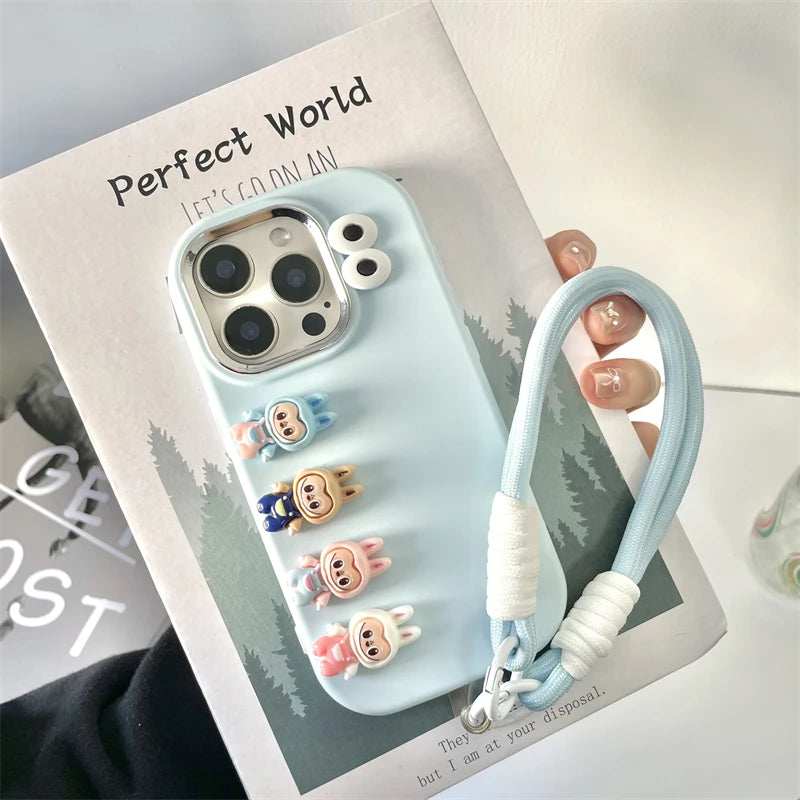 3D labubu Cartoon Phone Case For iPhone 16 15 14 13  Plus Pro Max With Wrist Strap Cute Eyes Soft Cover