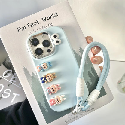 3D labubu Cartoon Phone Case For iPhone 16 15 14 13  Plus Pro Max With Wrist Strap Cute Eyes Soft Cover
