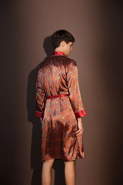 High Quality Nightrobes Men Summer Thin Bathrobe Large Size Ice Silk Printed Pajamas One-piece Robe Male Loungewear Gents Spring