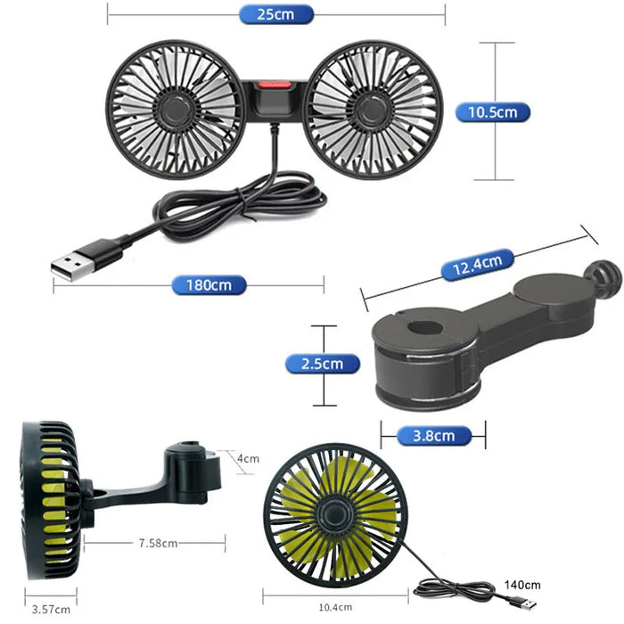 Car Safety Rear Seat Double-head Fan Kids Outdoor Fan Clip on Car Seat 360 Rotation Neck Cooler for Baby Summer Car Accessories