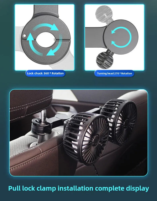 Car Safety Rear Seat Double-head Fan Kids Outdoor Fan Clip on Car Seat 360 Rotation Neck Cooler for Baby Summer Car Accessories