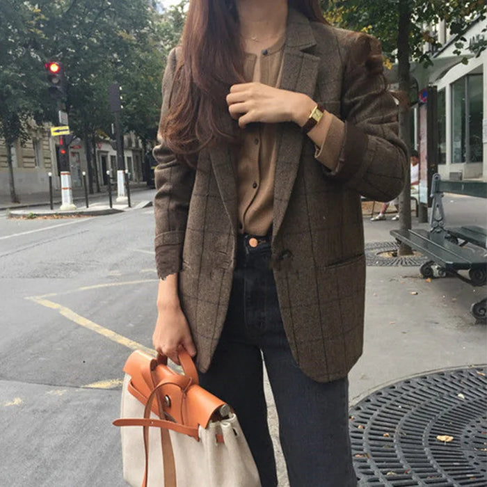 Plaid Blazer Women Jacket Korean Style Slim Long Sleeve