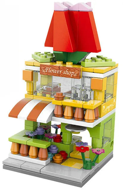 Flower shop building block model with red tulip roof