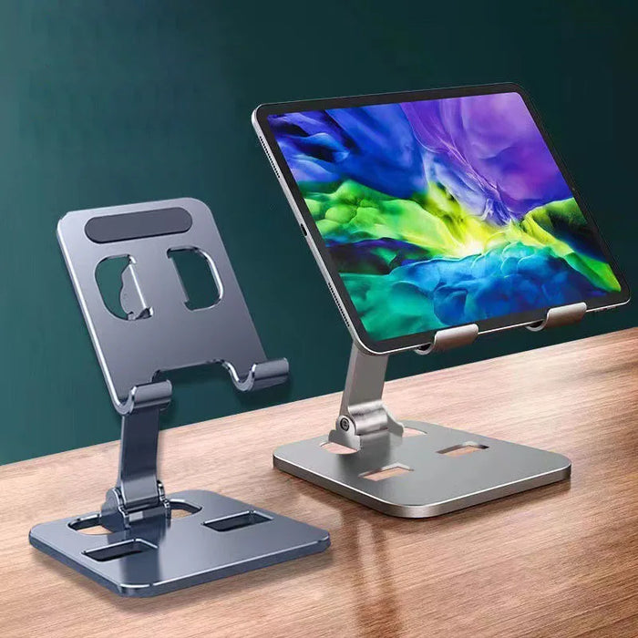 Phone stands holding a tablet on a desk