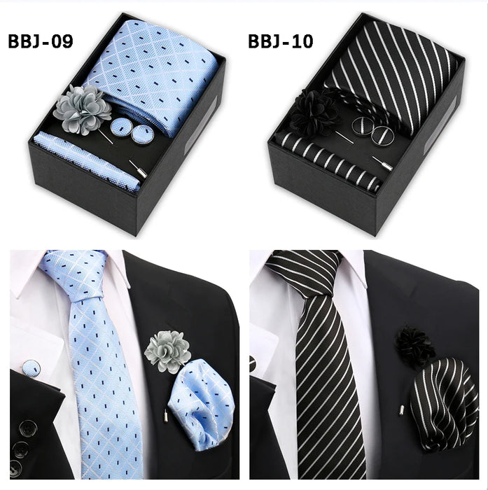 Four men's tie gift sets in assorted patterns with style codes