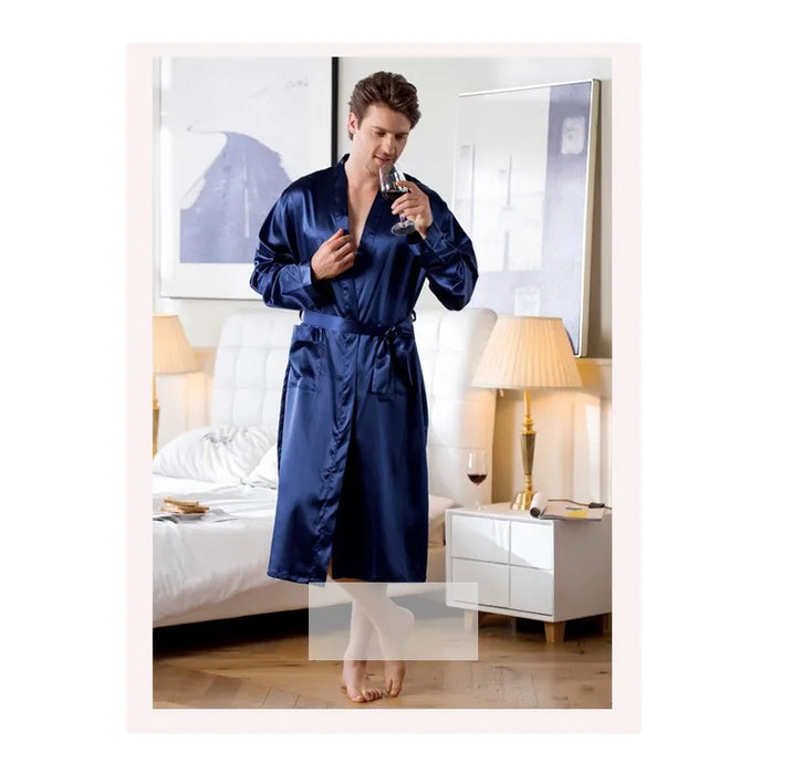 Summer New Men's Ice Silk Bathrobe Robe Men's Pop-Up Section of the Long Section of Cardigan Robe Pajamas Pajamas Home Clothing