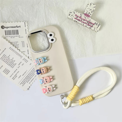 3D labubu Cartoon Phone Case For iPhone 16 15 14 13  Plus Pro Max With Wrist Strap Cute Eyes Soft Cover